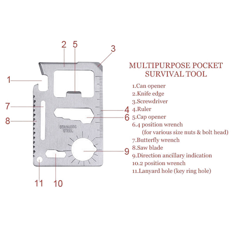 11 in 1 Credit Card Size Stainless Steel Survival Multitool Utility Tool